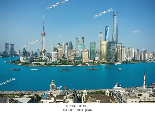 Elevated cityscape with oriental pearl tower in skyline and Huangpu river, Shanghai, China