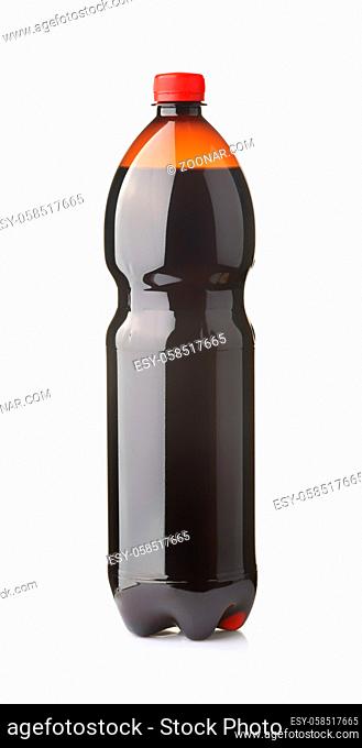 Plastic bottle of dark beer isolated on white
