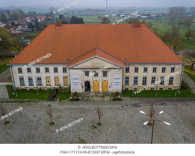The culture house Mestlin (pcture taken with a drone) was constructed as part of the socialist model village Mestlin in the 1950s in Mestlin, Germany