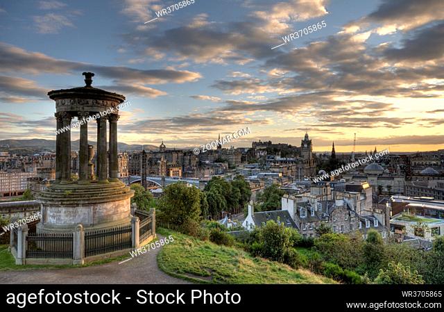 Cityscape of Edinburg city, the capital of Scotland from the Calton Hill with the Nelson Monument
