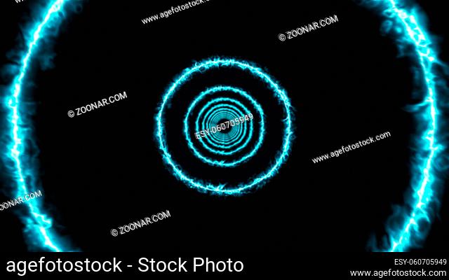 Rotating rings of energy form an endless tunnel, computer generated. 3d rendering of bright backdrop