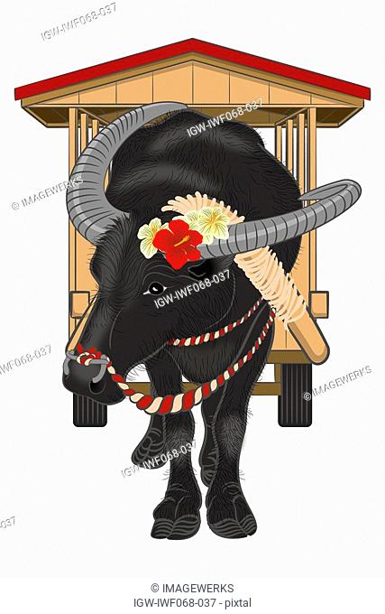 Japanese ox pulling a cart, illustration