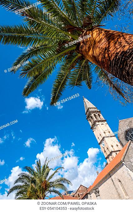 Saint Nikola Church tower in Perast, Kotor harbor, Montenegro