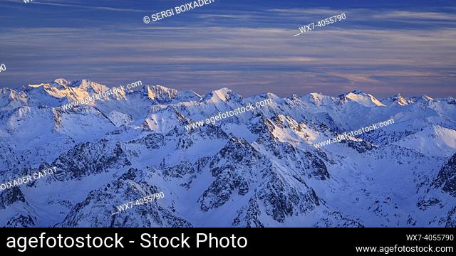 Winter sunset from the Pic du Midi de Bigorre observatory (Pyrenees, France). In the background, Posets peak, in Aragon (Spain)