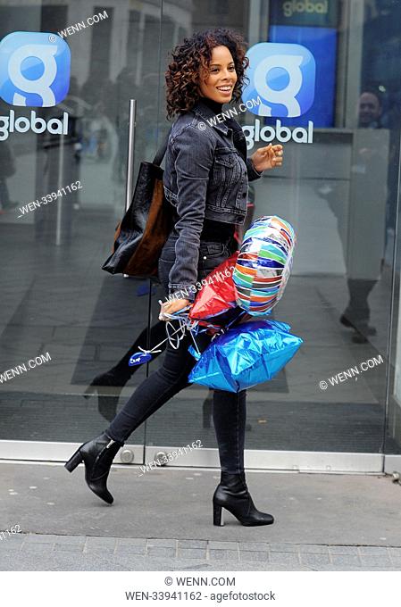 Rochelle seen arriving for her stint as Co-Host on Marvins show with balloons to surprise Marvin On His Birthday Featuring: Rochelle Humes Where: London