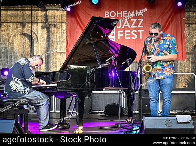 Spanish duo Ernesto Aurignac, right, and Moises P. Sanchez perform at the 18th Bohemia JazzFest, on July 11, 2023, at Royal Garden in Prague, Czech Republic