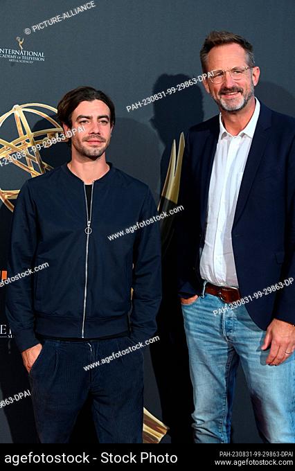 30 August 2023, North Rhine-Westphalia, Cologne: Actor Florian Wünsche (l) and producer Marcus Ammon (Bavaria Fiction) arrive (Bavaria Fiction) arrive (Bavaria...