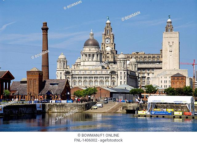 Buildings at waterfront, Cunard Building, Royal Liver Building, Port Of Liverpool Building, River Mersey, Liverpool, Merseyside, North West England, England