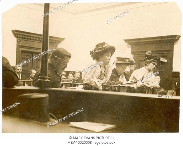 Christabel Pankhurst, Mrs Pankhurst and Flora Drummond at Bow Street Magistrate's Court during the 'Rush' trial