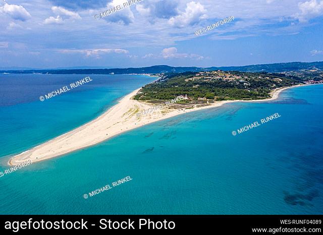 Greece, Kassandra, Aerial view of Possidi Beach in summer