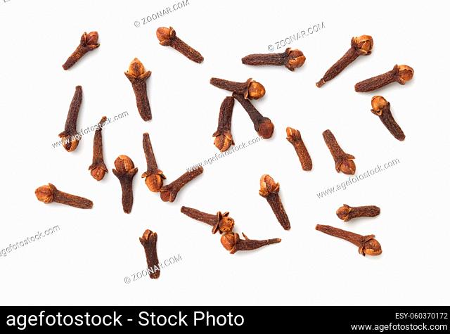 Dried cloves spice isolated on white background. Top view