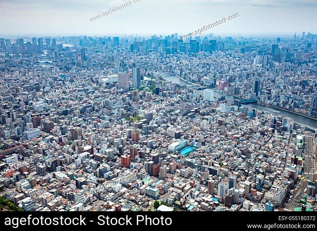An aerial shot of the Tokyo skyline from the tallest tower in the world, the Tokyo Skytree, in downtown Tokyo, Japan