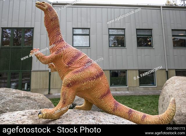 Stockholm, Sweden The outdoor playground at a Swedish daycare center and a toy dinosaur