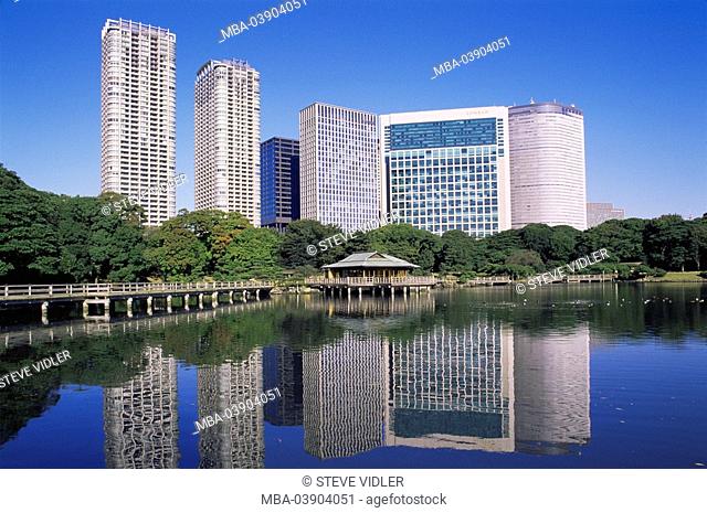 Japan, Tokyo, district Shiodome, Hama Rikyu, Japanese garden, high-rises, Eastern Asia, Honshu, city, city, metropolis, business-quarter, skyscrapers
