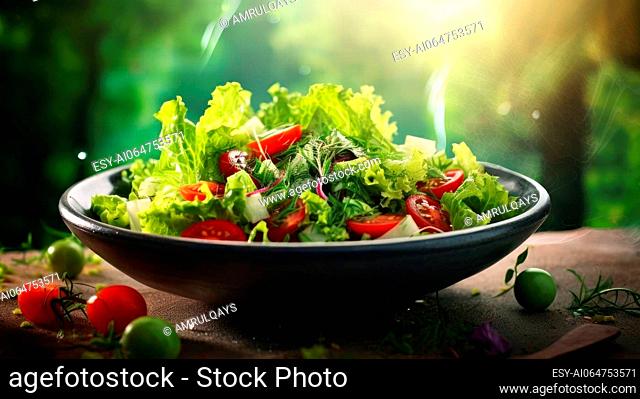 A vibrant bowl of garden salad, illuminated by the gentle glow of sunlight, showcases fresh vegetables and greens, epitomizing the essence of health and nature