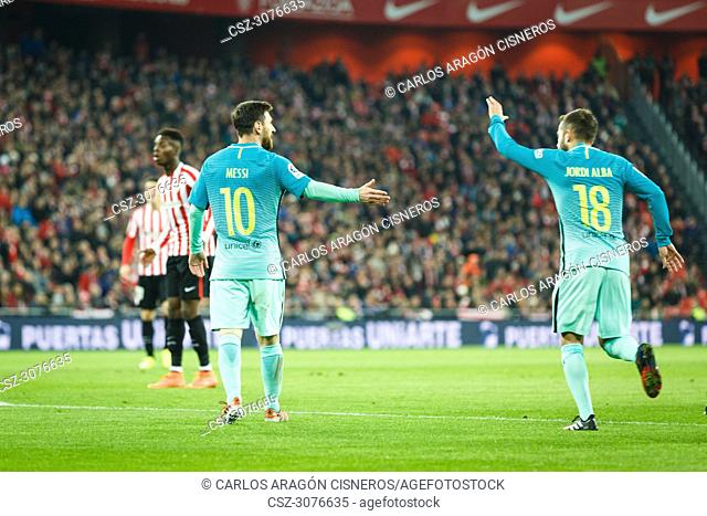 BILBAO, SPAIN - JANUARY 05: Lionel Messi in action during the eighth-finals Spanish Cup match between Athletic Bilbao and FC Barcelona, celebrated on January 05
