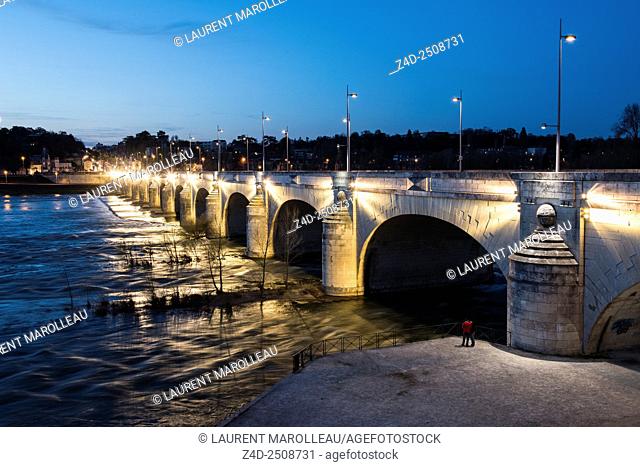 Wilson Bridge over Loire River at Dusk. Tours, Indre et Loire, Loire Valley, France, Europe