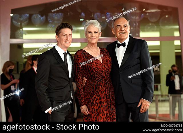 American filmmaker David Gordon Green, American actress Jamie Lee Curtis and festival director Alberto Barbera at the 78 Venice International Film Festival 2021
