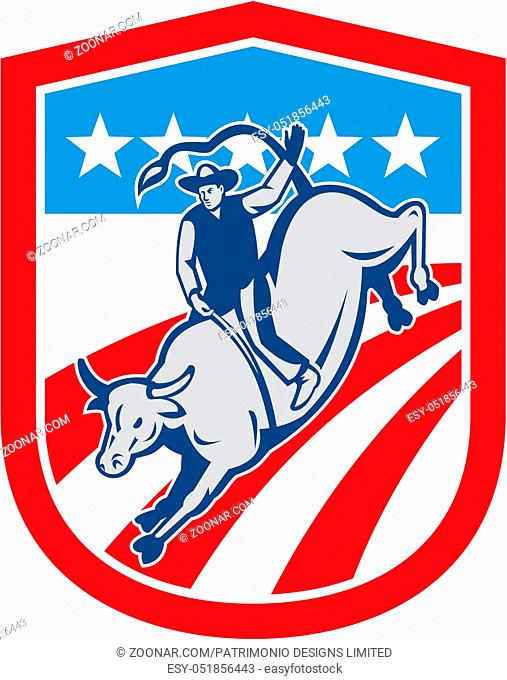 Illustration of an american rodeo cowboy riding bucking bull set inside shield crest with stars and stripes in the background done in retro style