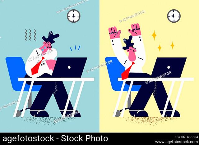 Stressed man employee work on computer anxious about deadline, happy worker finish on time on contrary. Male professional or clerk during and in end of working...