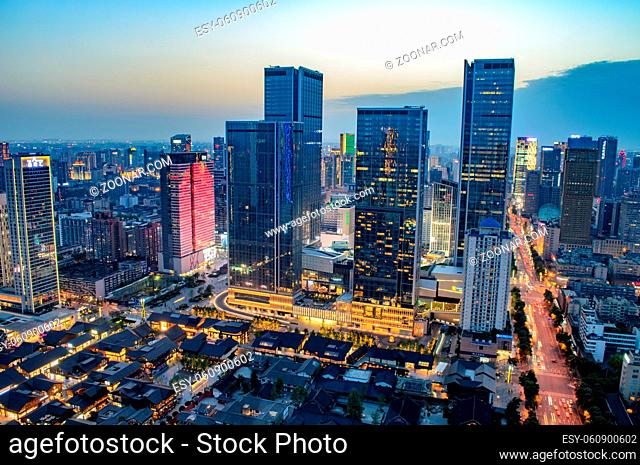 High Angle Shot Of Illuminated Cityscape of Taikooli in Chengdu, China.This is a most famous landmark in Chengdu