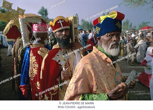 Portrait of men in procession during the Christian festival of Rameaux, Axoum Axum, Tigre region, Ethiopia, Africa