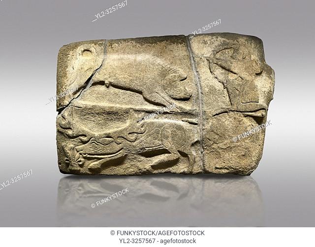 Alaca Hoyuk Hittite monumental relief sculpted orthostat stone panel of a hunt. Anatolian Civilizations Museum. Ankara. Turkey.