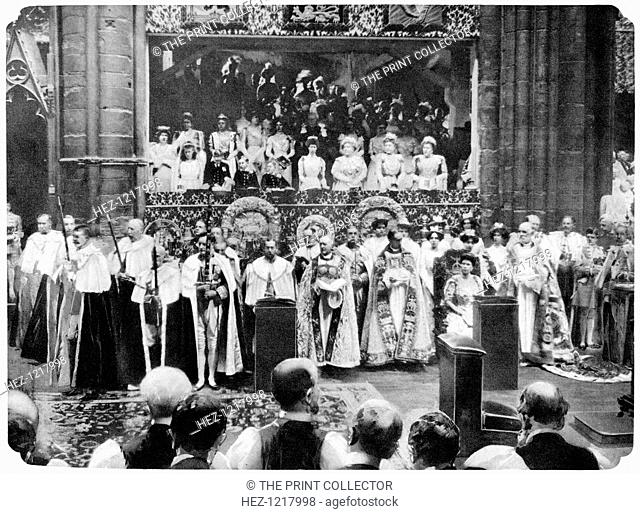 Coronation ceremony of George V, Westminster Abbey, London, 22 June, 1911. King George V and Queen Mary occupying their chairs of estate