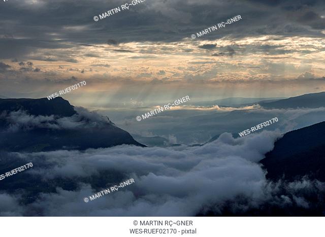 Italy, Dolomites, Sout Tyrol, View from the mountain Seceda to clouds over mountains