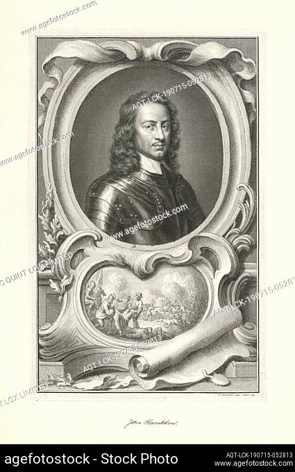 Portrait of John Hamden, with a cartouche underneath which depicts his eventual fatal injury during the Battle of Chalgrove on June 18, 1643
