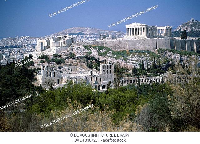 View of the Acropolis of Athens (UNESCO World Heritage List, 1987) with the Propylaea and the Parthenon, 5th century BC, and, below