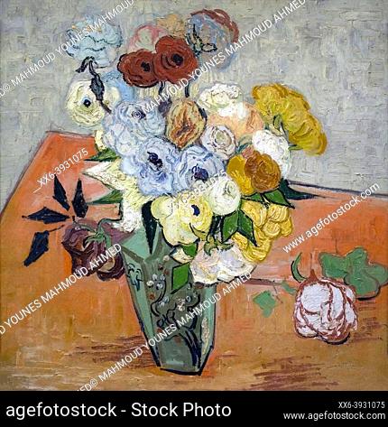 Still Life - Japanese Vase with Roses and Anemones (Français: Nature morte dit roses et anémones) is an oil painting on canvas 1890 - by Artist Vincent van Gogh...