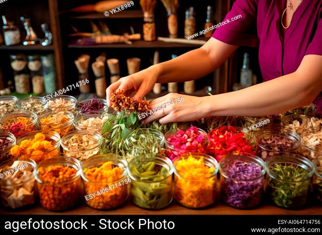 A close up of hands arranging a colorful assortment of herbs used in herbal remedies, exploring natural approaches to managing Stills Disease symptoms