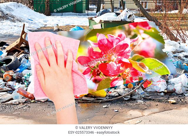 ecology concept - hand deletes urban dumpsters by pink cloth from image and spring pink blossoms are appearing