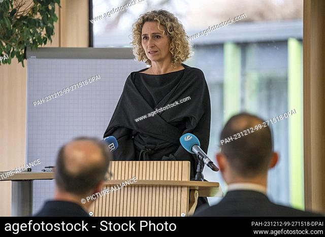 12 December 2023, Bavaria, Bad Rodach: Stefanie Frieß, HABA Sales & Marketing Director, at the press conference on the planned realignment of the toy and...