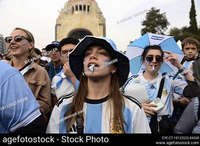 December 18, 2022, Mexico City, Mexico: Argentine fans attend the FIFA Fan Fest at the Monument to the Revolution to support their team in the FIFA World Cup...
