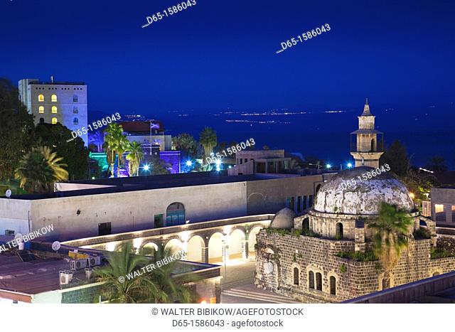 Israel, The Galilee, Tiberias, elevated view of the Al-Amari Mosque, dusk