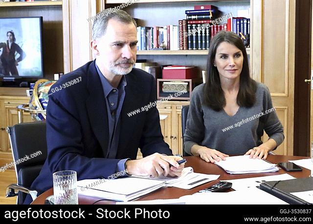 King Felipe VI of Spain, Queen Letizia of Spain attends videoconference an open meeting with representatives of the new creative generation of the Spanish...
