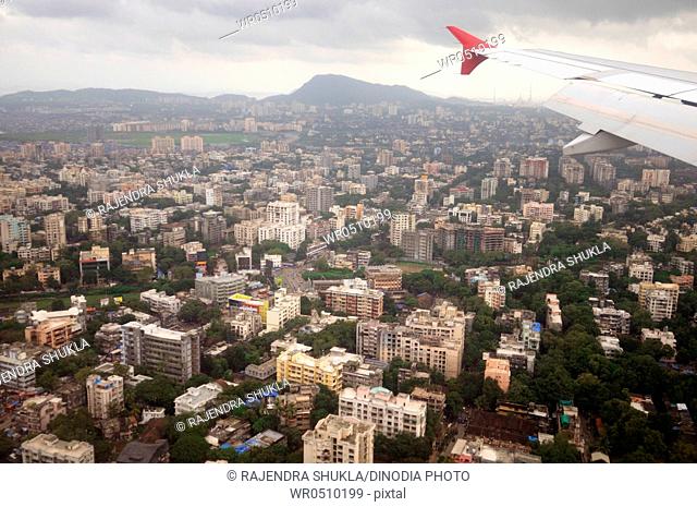 Aerial view of Bombay Mumbai and wing of aeroplane , Maharashtra , India