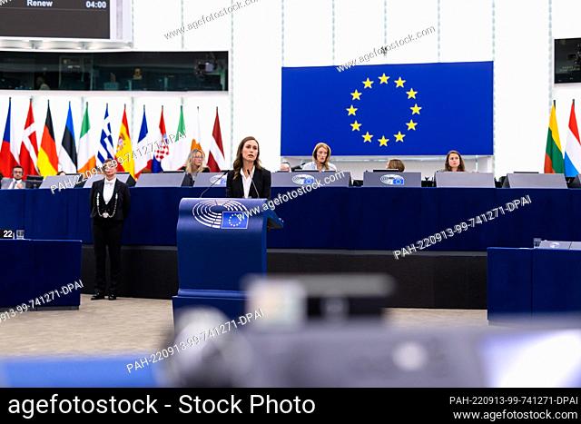 13 September 2022, France, Straßburg: Sanna Marin (SDP), Prime Minister of Finland, stands in the European Parliament building and speaks