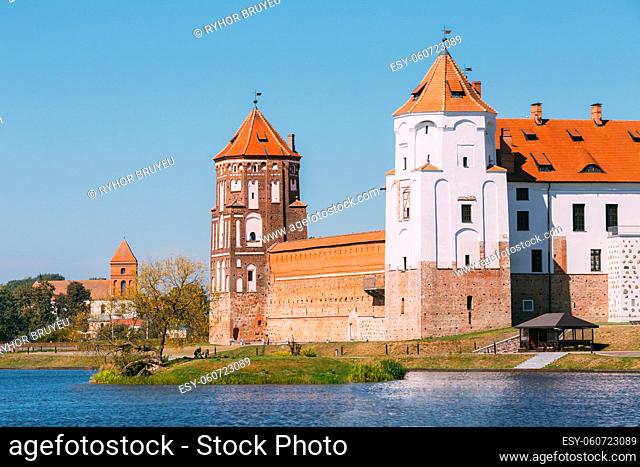 Mir, Belarus. Scenic View Of Mir Castle Complex From Side Of Lake. Architectural Ensemble Of Feudalism, Ancient Cultural Monument, Unesco Heritage