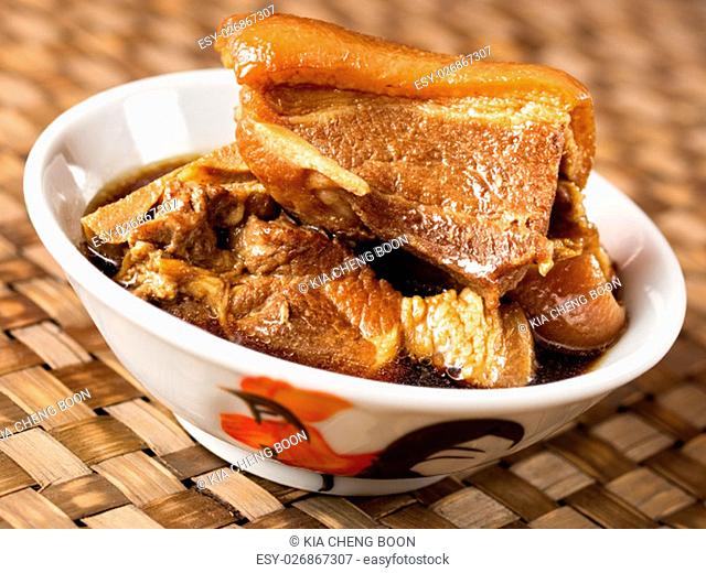 close up of a bowl of chinese braised pork