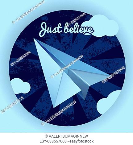 Blue paper airplane on a dark blue background with rays, clouds