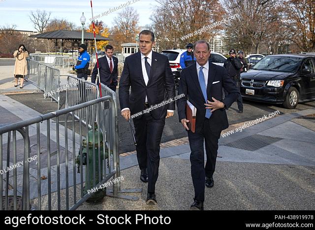 Hunter Biden, son of United States President Joe Biden, and his lawyer Abbe Lowell, arrive to offer remarks on the House GOP impeachment investigation during a...