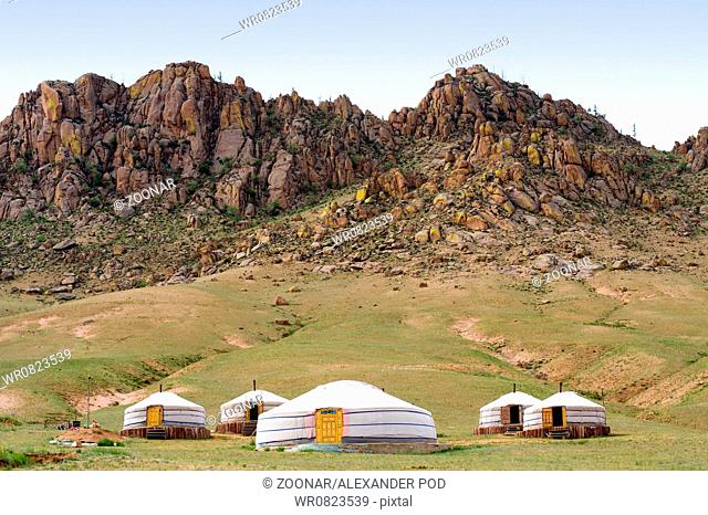 Mongolian jurts at mountain foot