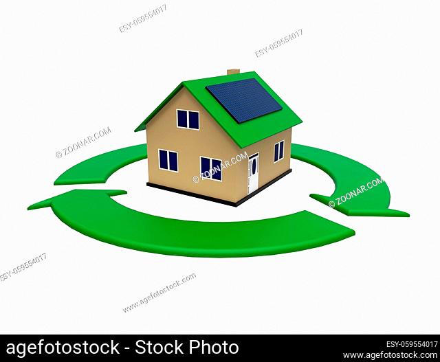 Energy efficient house with solar panel in a green circle, 3d rendering, on white background