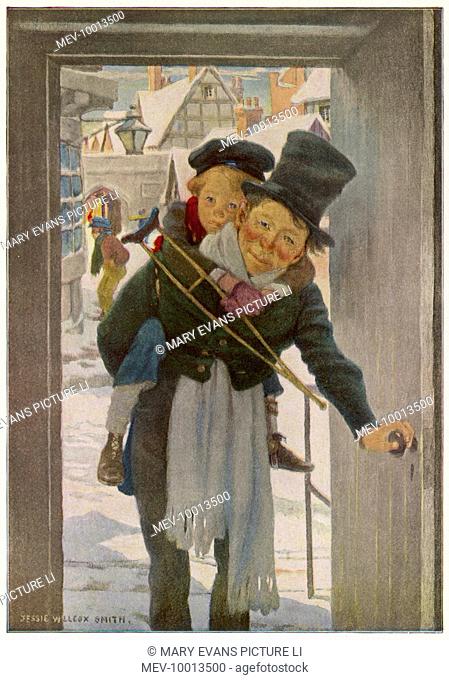 Bob Cratchit with 'Tiny Tim', his crippled youngest son