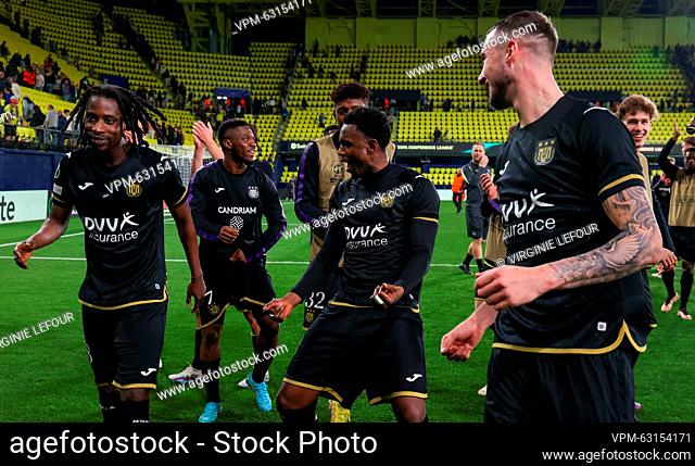 Anderlecht's players celebrate after winning a soccer game between Spanish Villarreal CF and Belgian RSC Anderlecht, Thursday 16 March 2023 in Villarreal, Spain