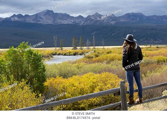 Caucasian woman admiring Sawtooth Range, Stanley, Idaho, United States