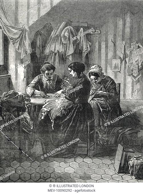 Three industrious needlewomen sit around a table sewing